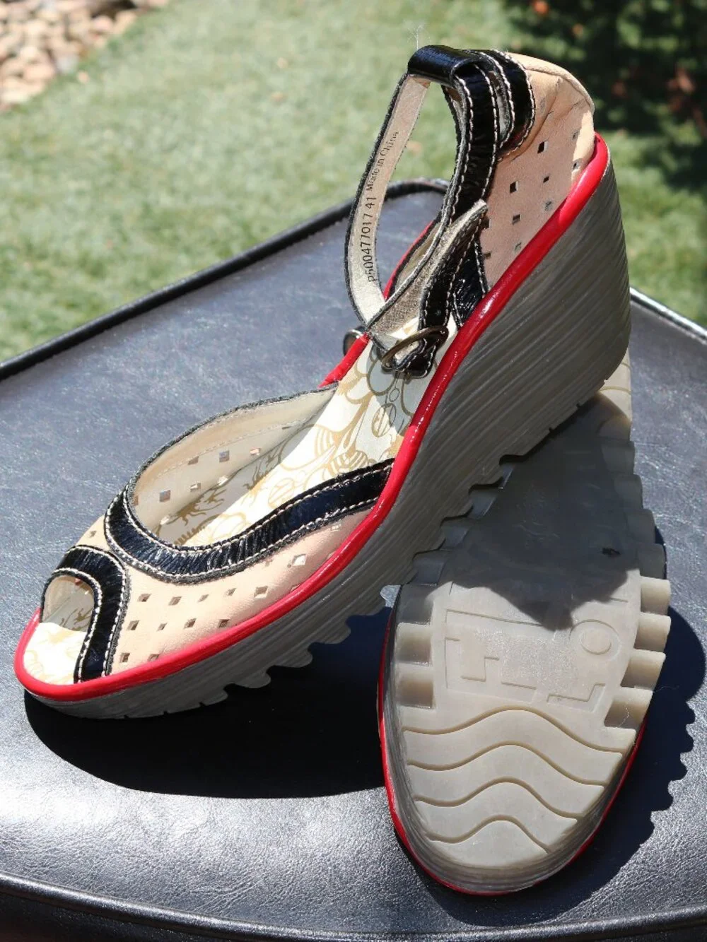 FLY LONDON Ydel Sandals Perforated Wedge Heels Shoes Leather